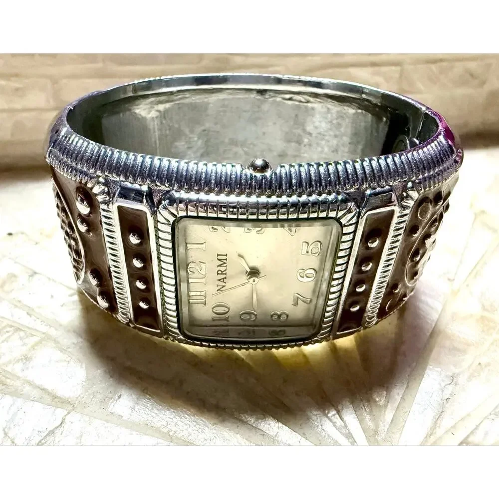 Narmi Brown Enamel Hinged Bangle Watch Silver Tone Cuff Bracelet